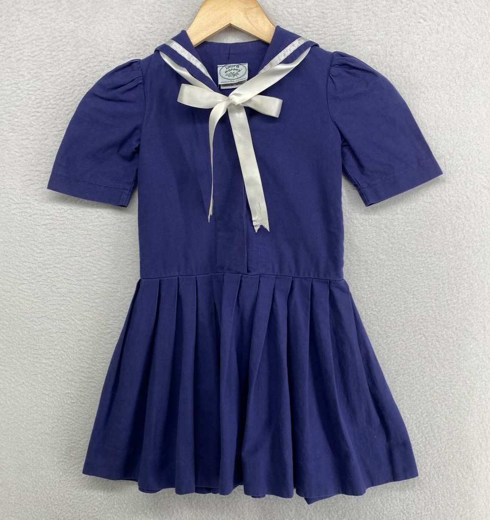LAURA ASHLEY Dress Girls 5-6 Yrs Sailor A-Line Pleated Cotton Blue VTG 80s